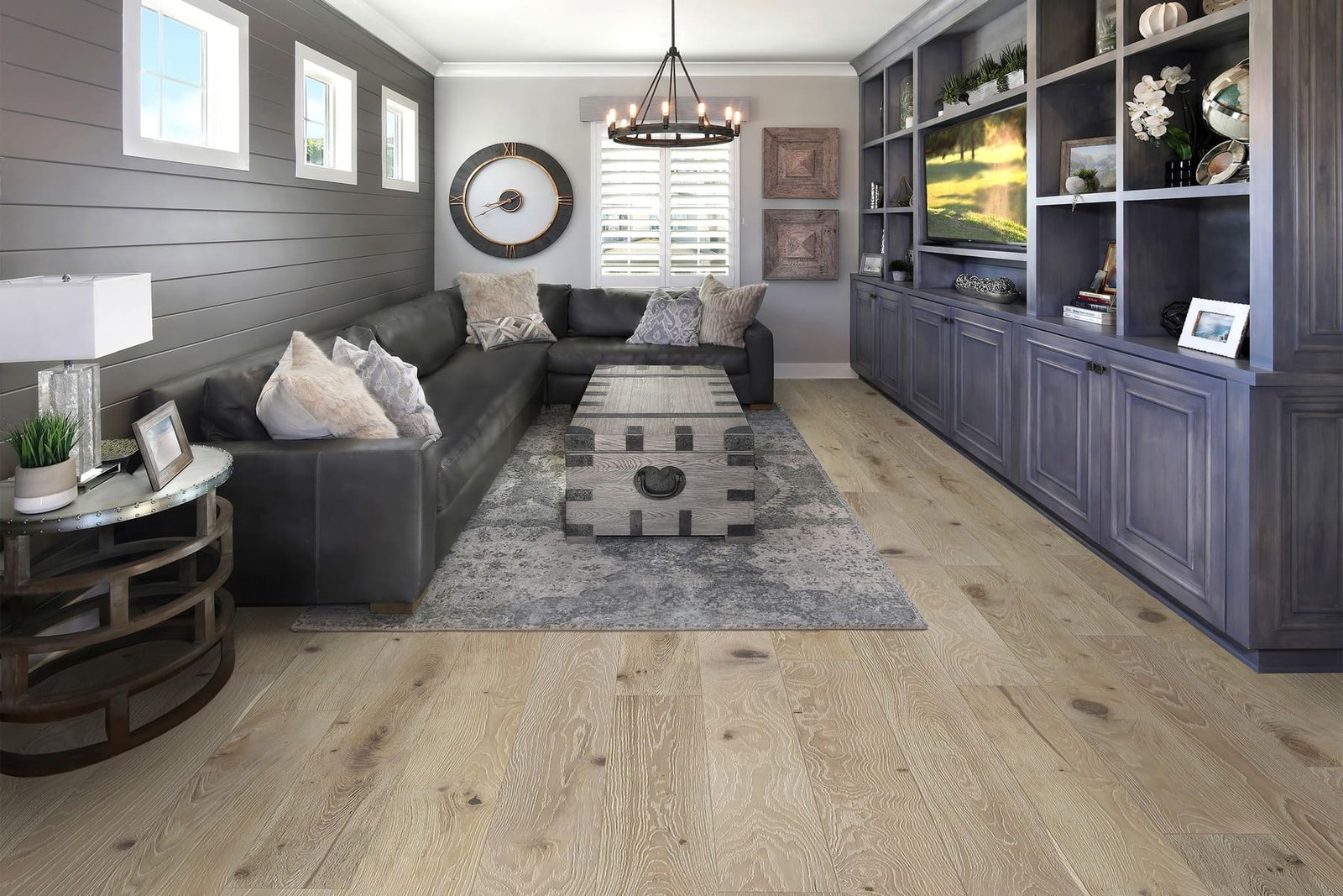 Bright and modern living room with light-toned Harbor Cloud European oak flooring