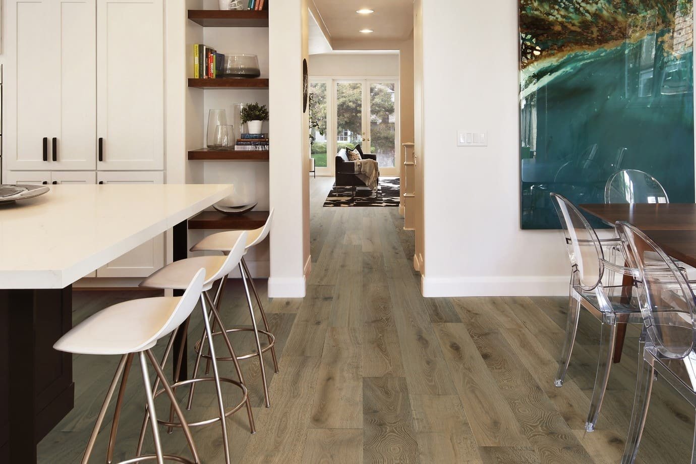 Modern room with neutral gray hardwood flooring