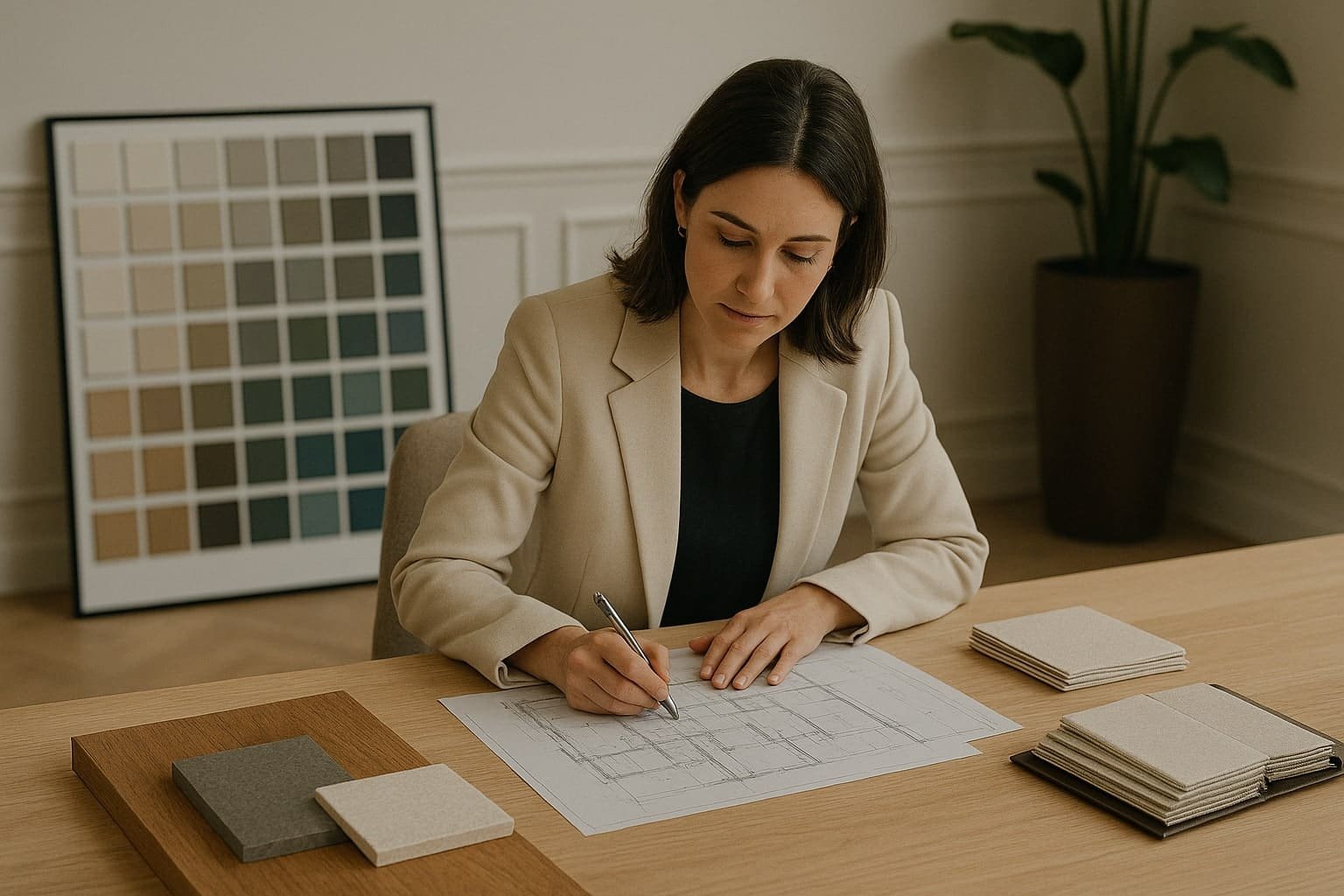 Professional interior designer reviewing floor plans and material samples for a modern European-style home and office interior in Houston.