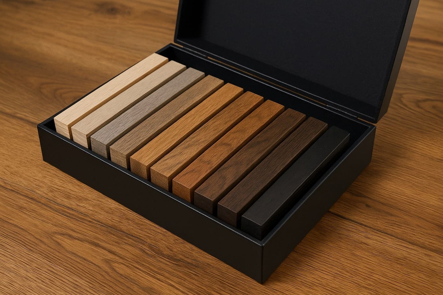 Open black sample box displaying European white oak hardwood flooring finishes in a range of natural tones from light to dark on a wooden table.